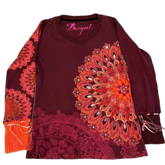 Desigual Tops - Desigual geometric print Top, long sleeve, burgundy. Size M